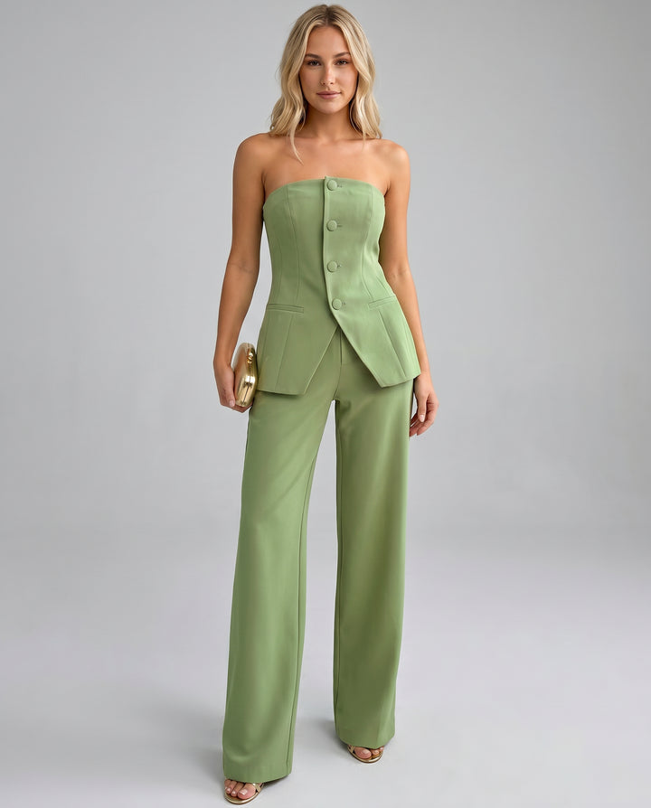 Geraldine | Women's Linen Bustier Set with Wide-Leg Trousers Pants — Green
