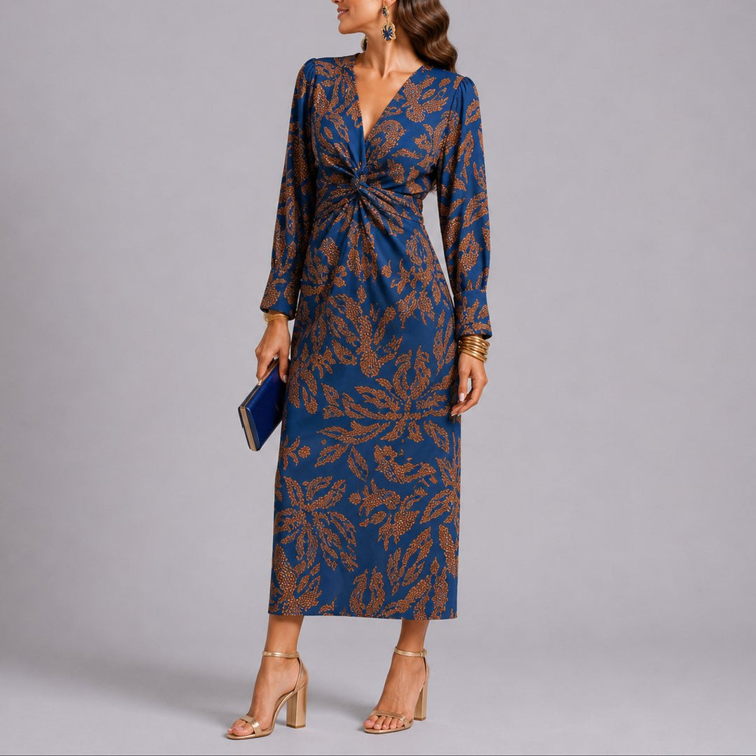Gwenienne | Twist V-Neck Long Sleeve Midi Wedding Guest Dress
