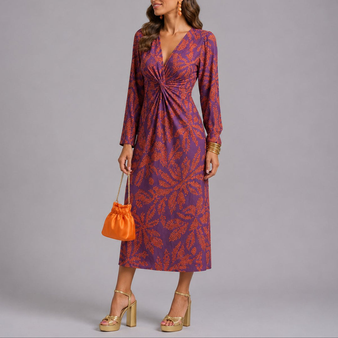 Gwenienne | Twist V-Neck Long Sleeve Midi Wedding Guest Dress