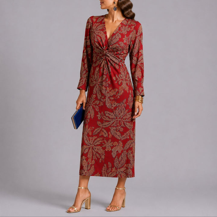 Gwenienne | Twist V-Neck Long Sleeve Midi Wedding Guest Dress