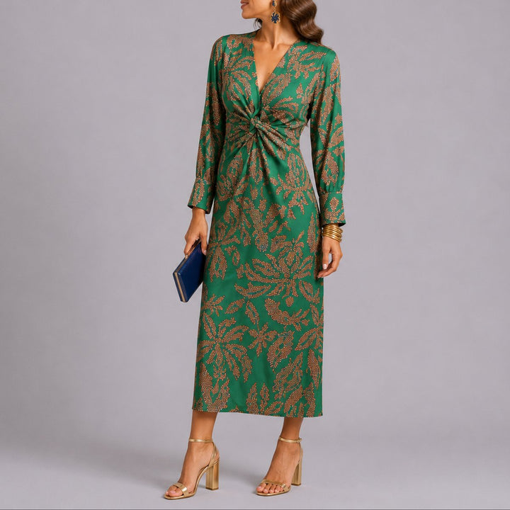 Gwenienne | Twist V-Neck Long Sleeve Midi Wedding Guest Dress