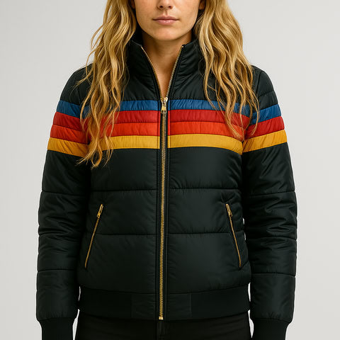 Novanolyn | Women's Quilted Puffer Jacket with Hood and Stripe Bands — Black
