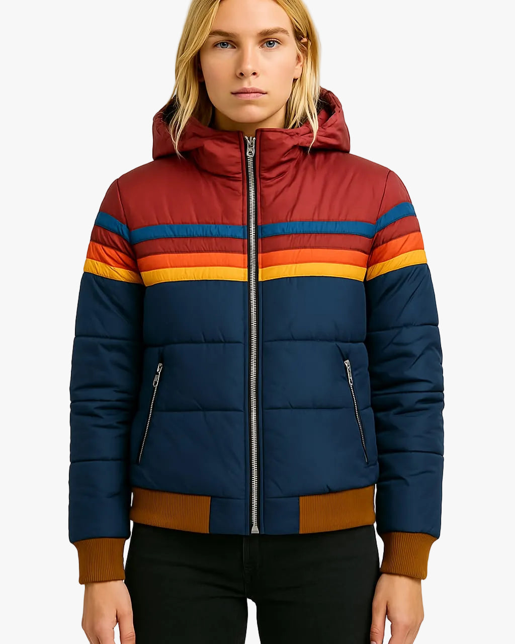 Novanolyn | Women's Quilted Puffer Jacket with Hood and Stripe Bands — 1