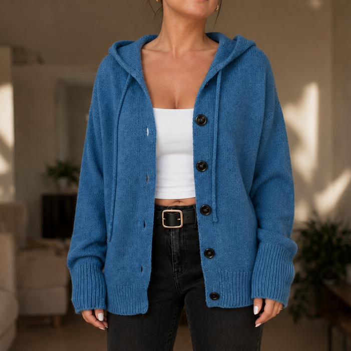 Halsienne | Drawstring Hood Oversized Knit Cardigan