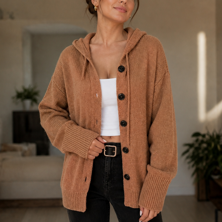 Halsienne | Drawstring Hood Oversized Knit Cardigan