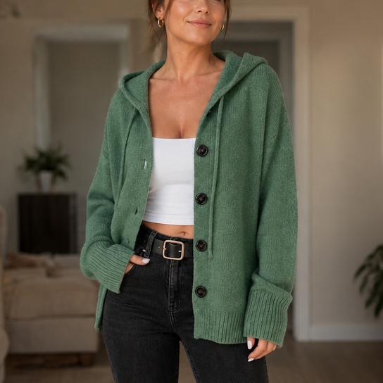 Halsienne | Drawstring Hood Oversized Knit Cardigan