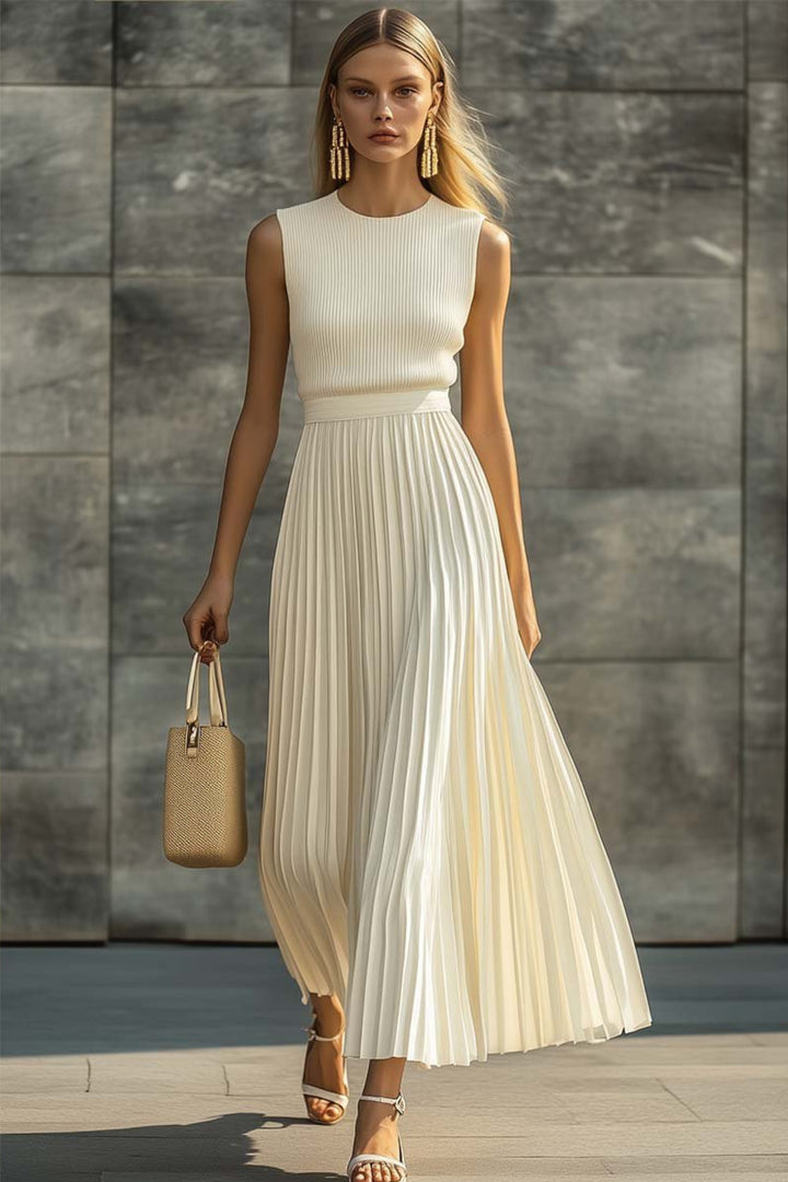 Halslise | Women's Elegant Knit Maxi Dress with Pleated Chiffon Skirt — Cream