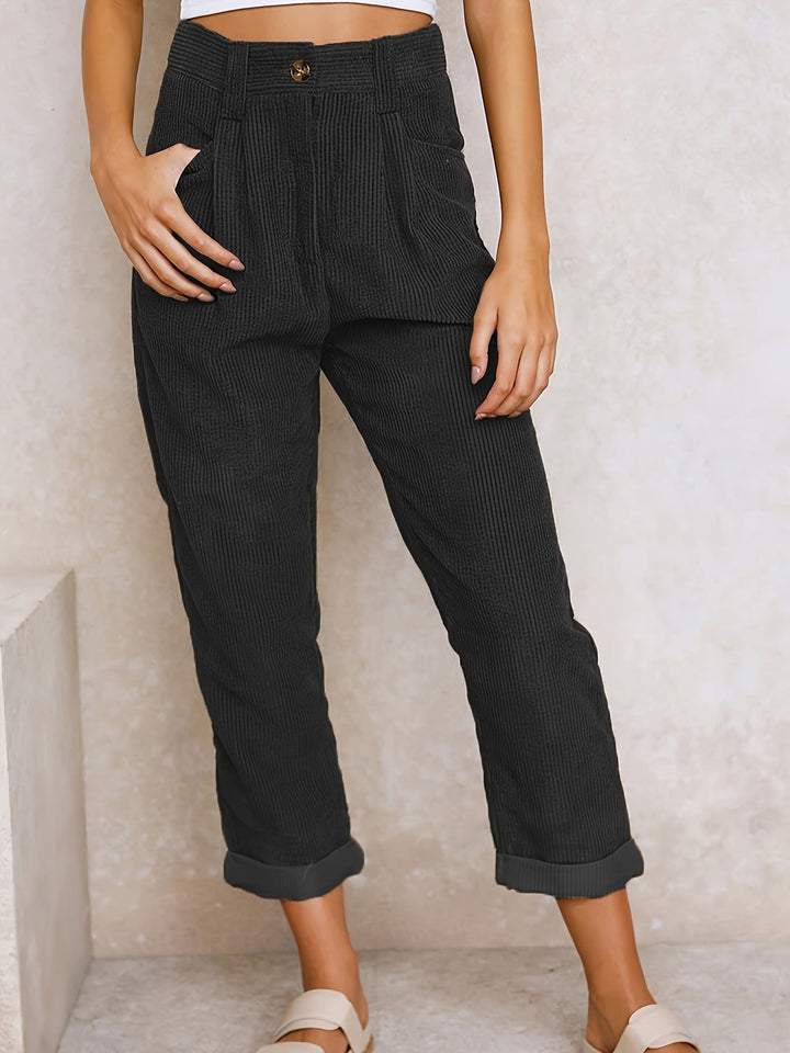 Halsynn | Women's Casual Corduroy Relaxed Fit Tapered Pants — Black