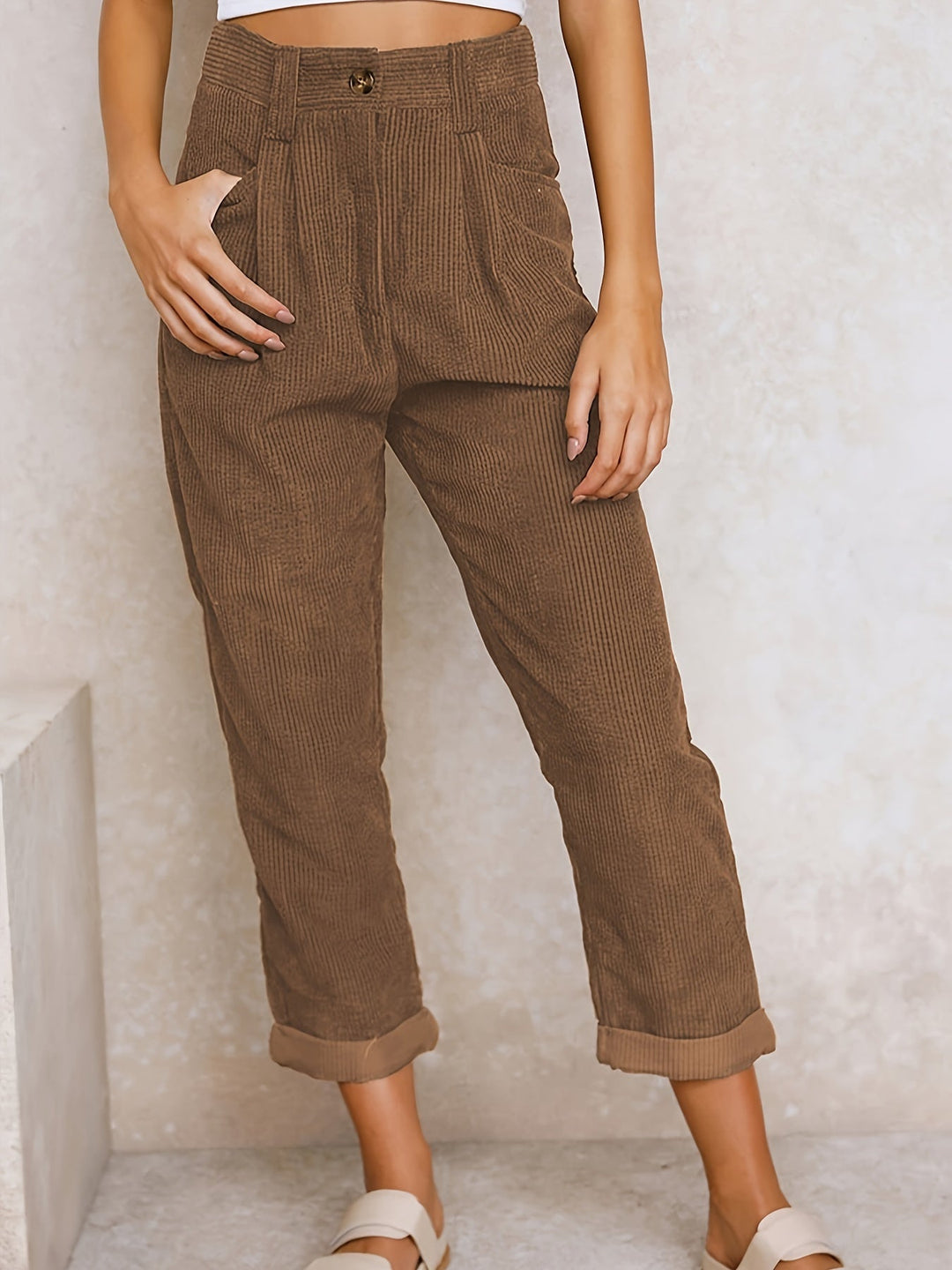 Halsynn | Women's Casual Corduroy Relaxed Fit Tapered Pants — Brown