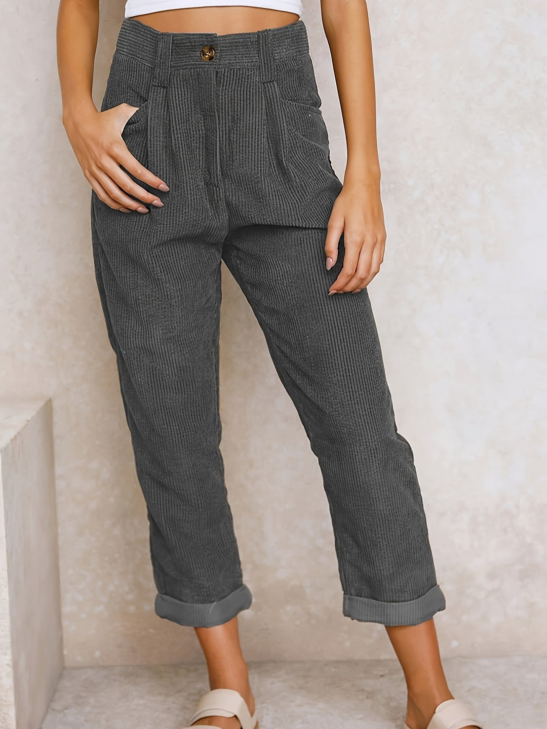 Halsynn | Women's Casual Corduroy Relaxed Fit Tapered Pants — Gray