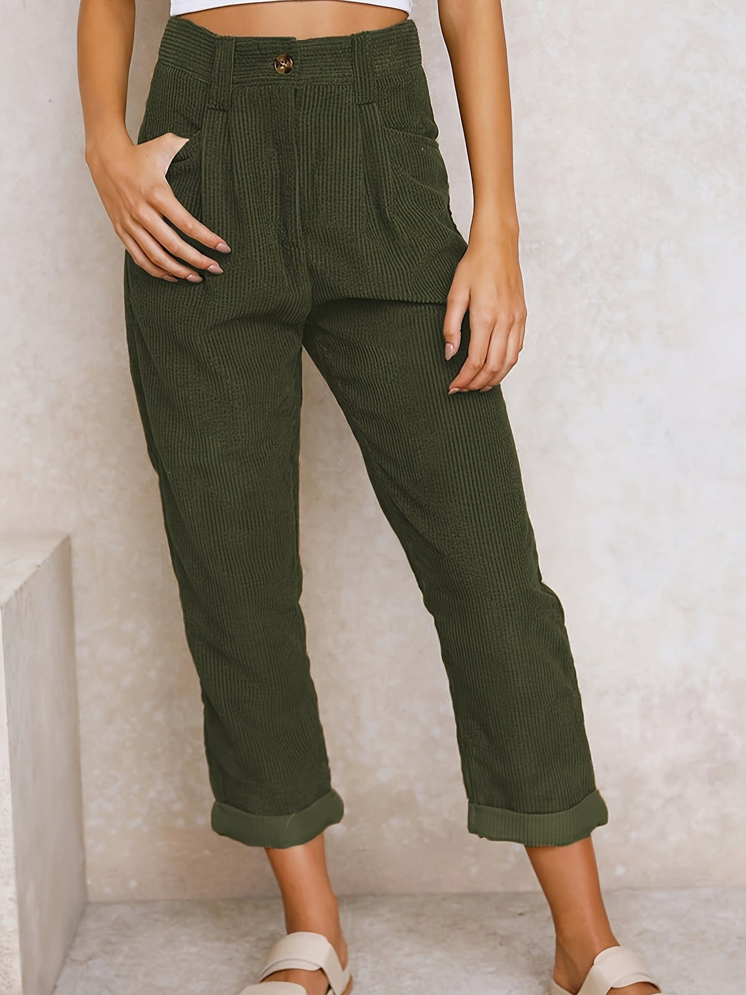 Halsynn | Women's Casual Corduroy Relaxed Fit Tapered Pants — Green
