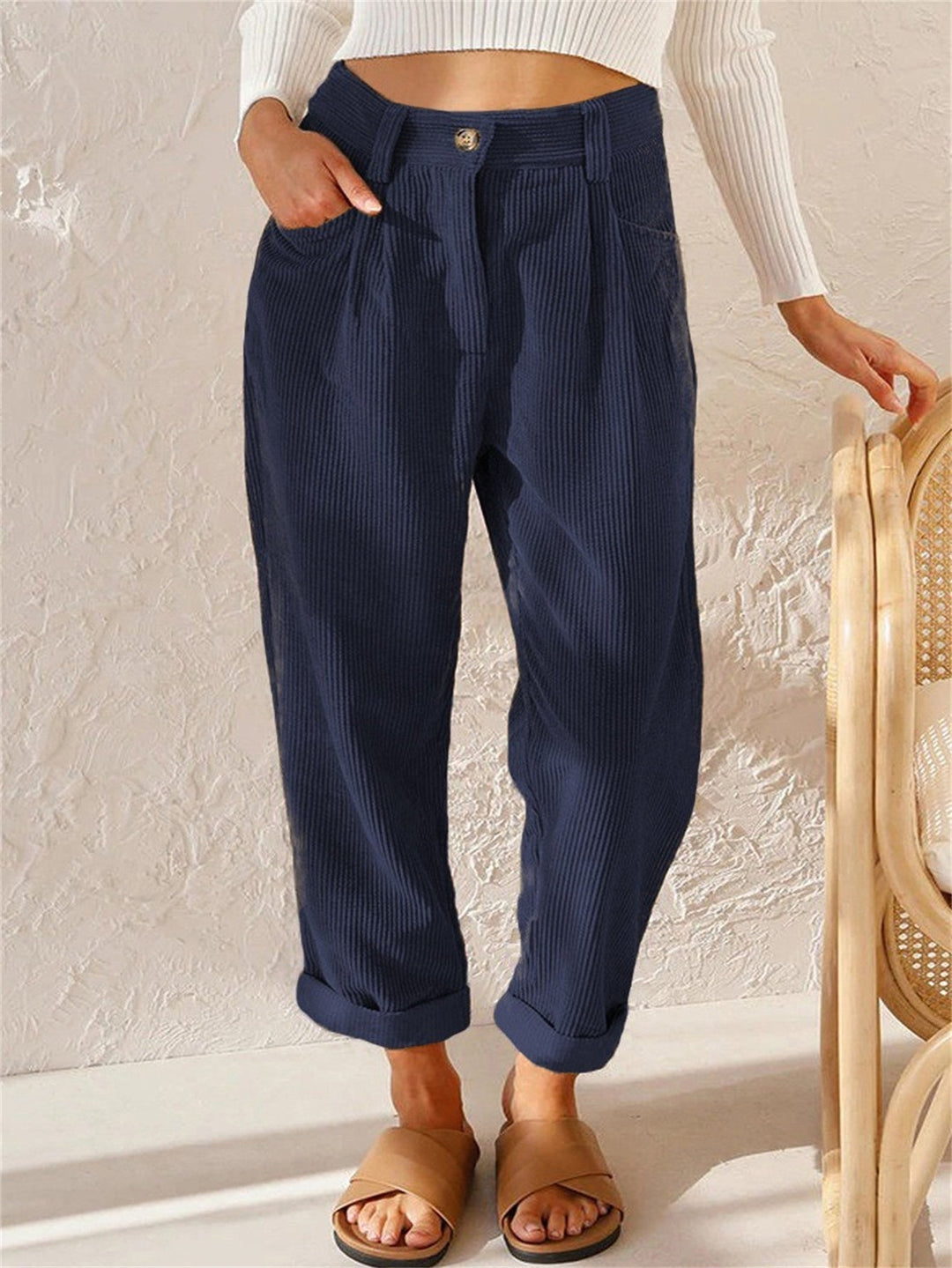 Halsynn | Women's Casual Corduroy Relaxed Fit Tapered Pants — Navy blue