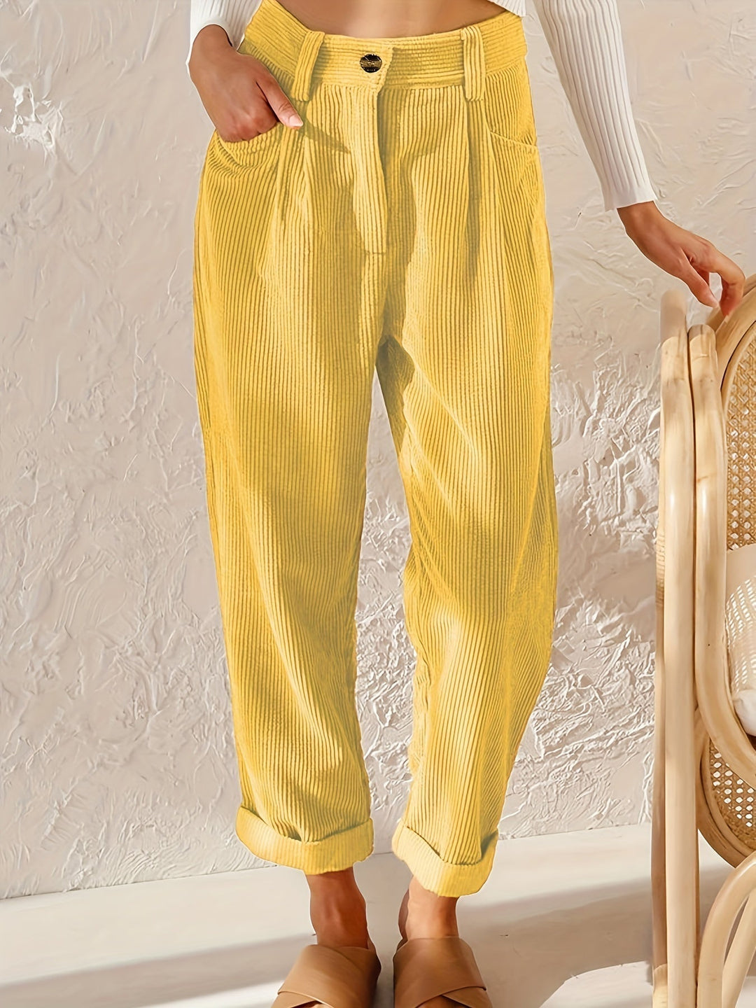 Halsynn | Women's Casual Corduroy Relaxed Fit Tapered Pants — Yellow