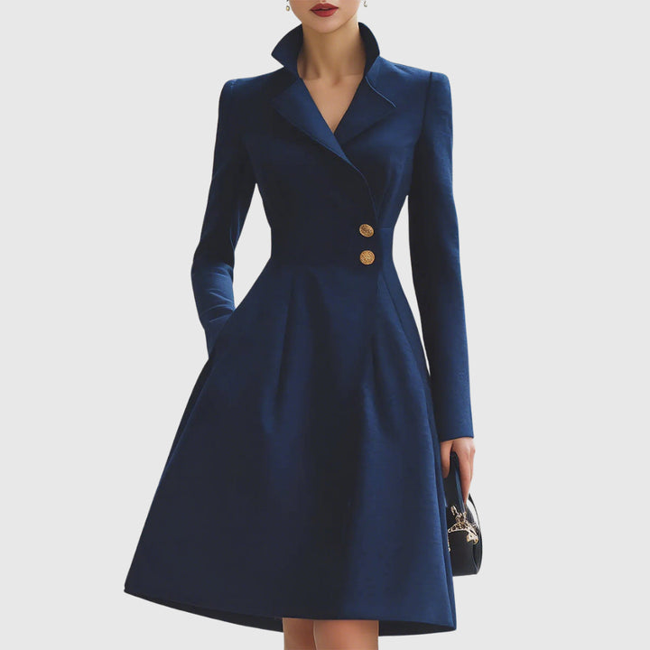 Hermione | Women's Wedding Guest Elegant Structured Coat-Style Midi Dress Dresses — Navy