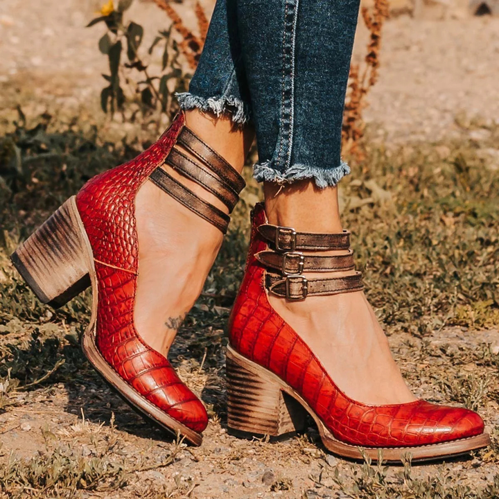 Woman wearing modern fashion sandals with a comfortable fit.