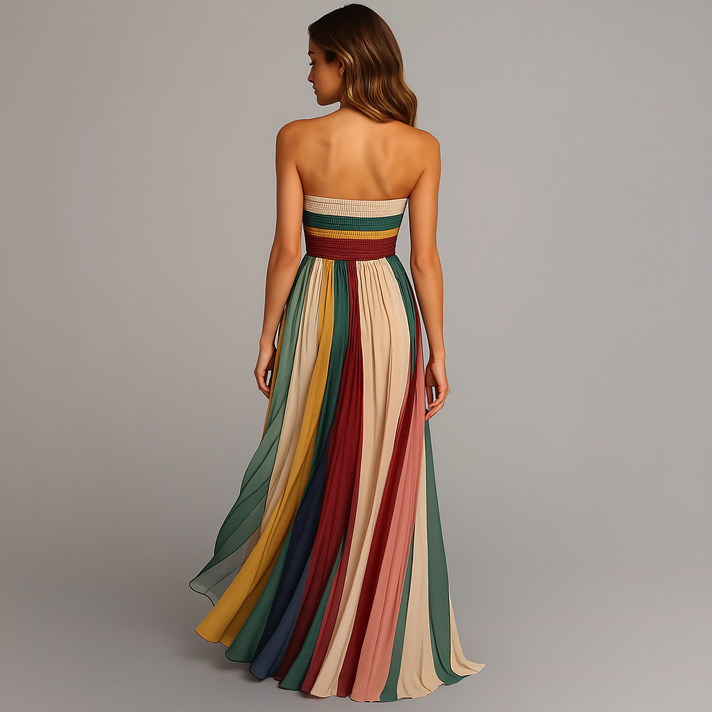 Woman in a strapless maxi dress featuring a wide flowing skirt silhouette.