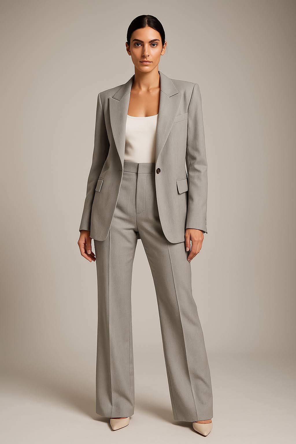 Female modelling a structured blazer and wide-leg trouser set against a plain background.