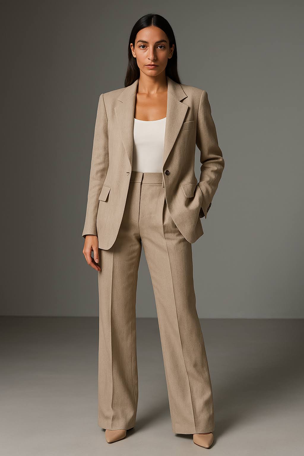 Woman in a tailored two-piece suit with relaxed wide-leg trousers.