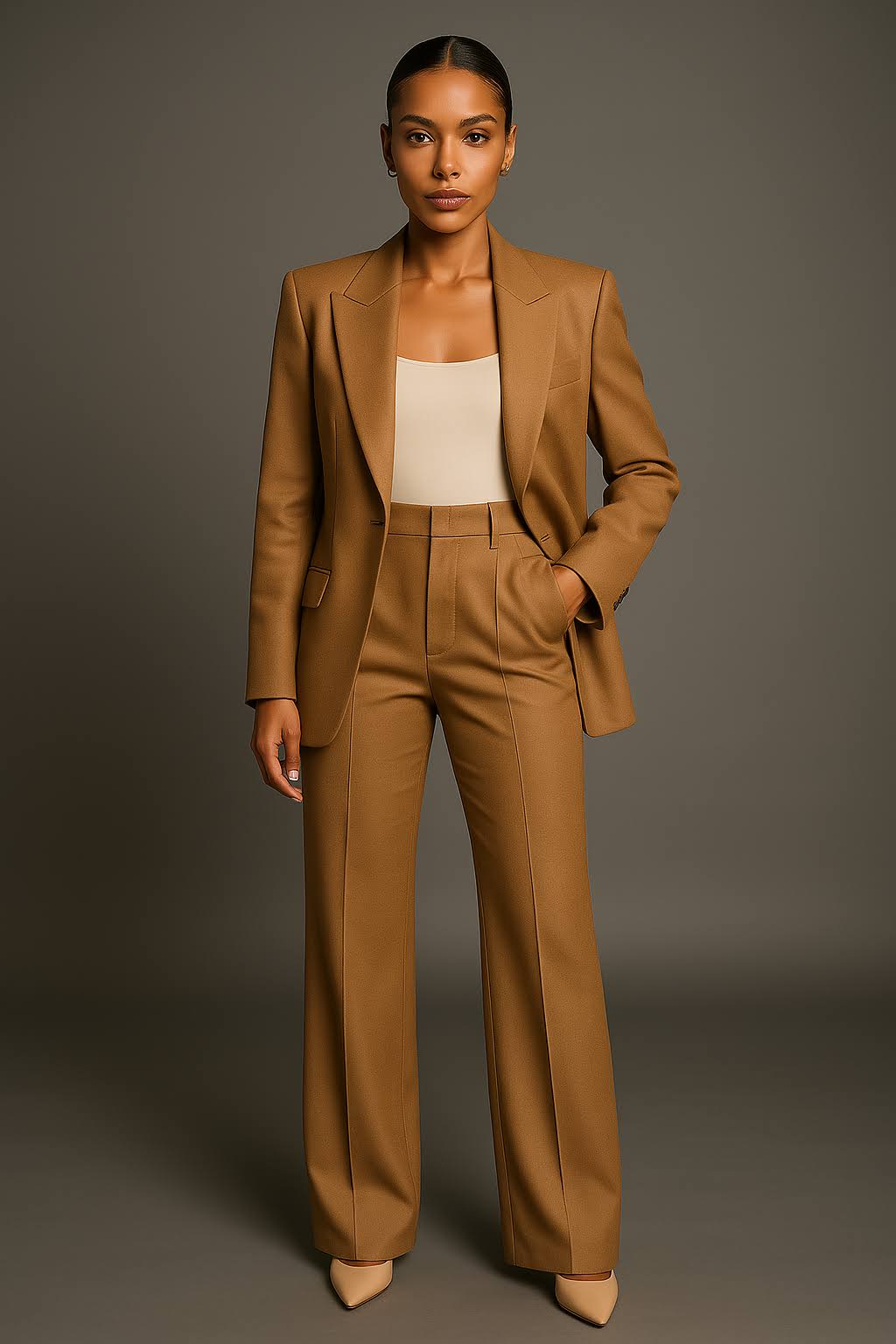 Woman modelling a coordinated blazer and trouser set on a plain background.