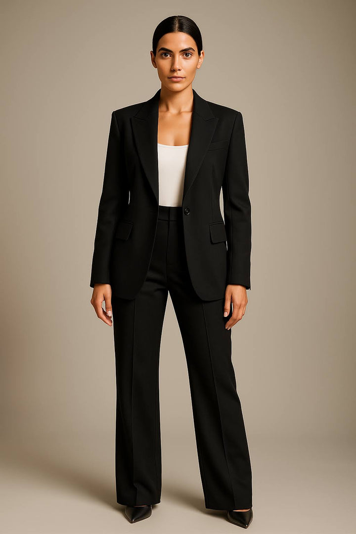 Female wearing a fitted blazer with straight wide-leg trousers for smart styling.