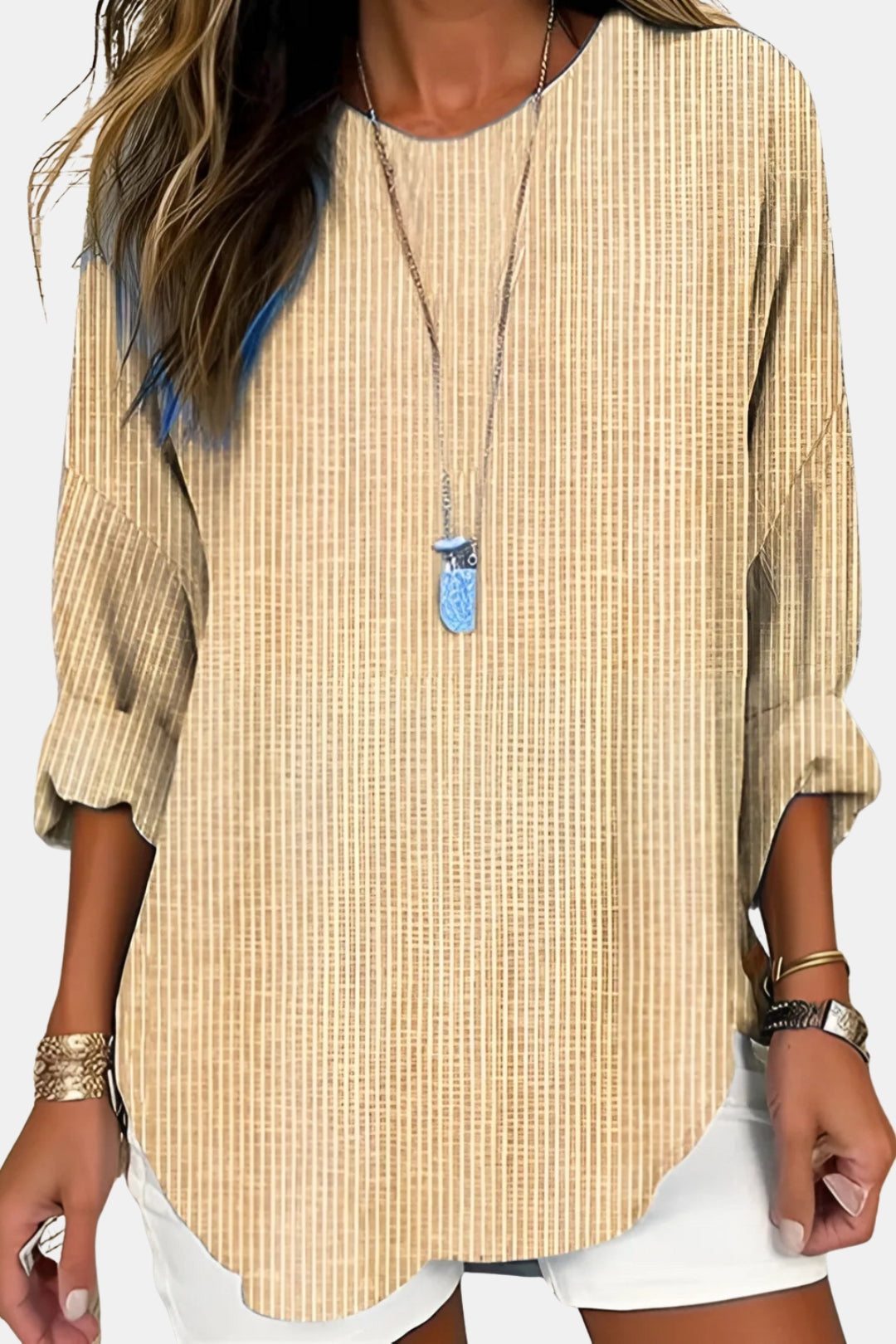 Iolanthe | Women's Linen Casual Striped Long Sleeve Blouse with Round Neck — 2