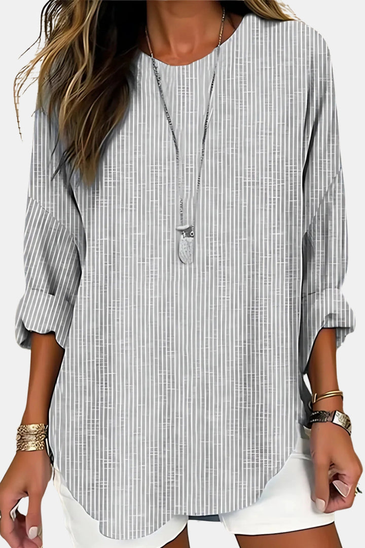 Iolanthe | Women's Linen Casual Striped Long Sleeve Blouse with Round Neck — Gray