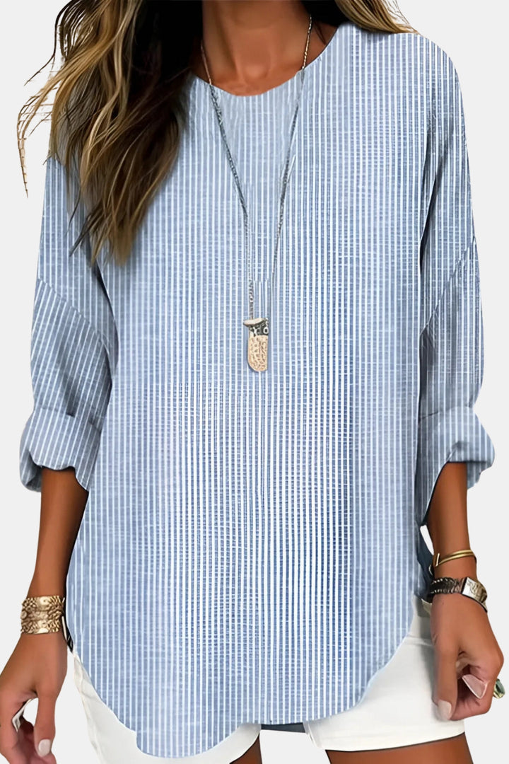 Iolanthe | Women's Linen Casual Striped Long Sleeve Blouse with Round Neck — Light Blue