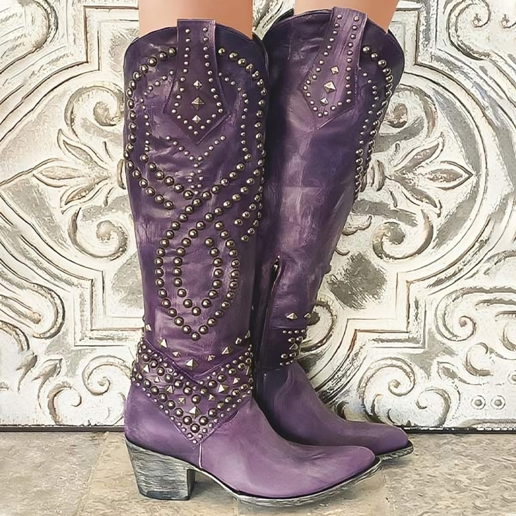 Ivoessa | Women's Studded Knee-High Western Boots for — Purple