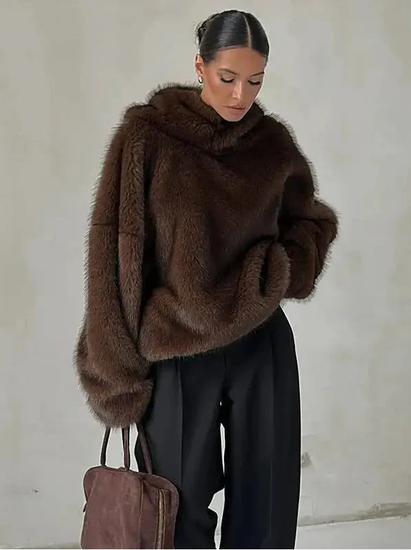 Gwethille | Women's Knit Cozy oversized Faux Fur Hoodie Plush sweater — 1