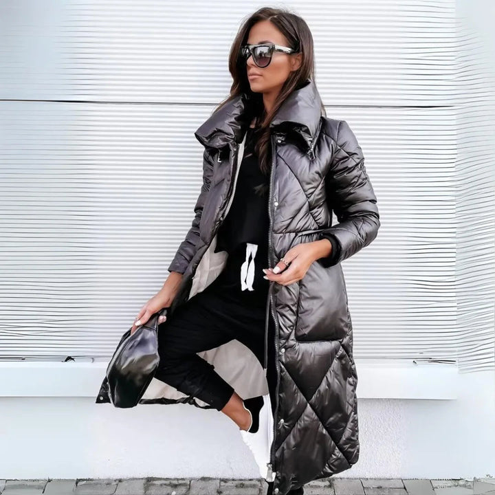 Ivowynn | Women's Casual Stretch padded long puffer coat with quilted design and stand-up collar — black