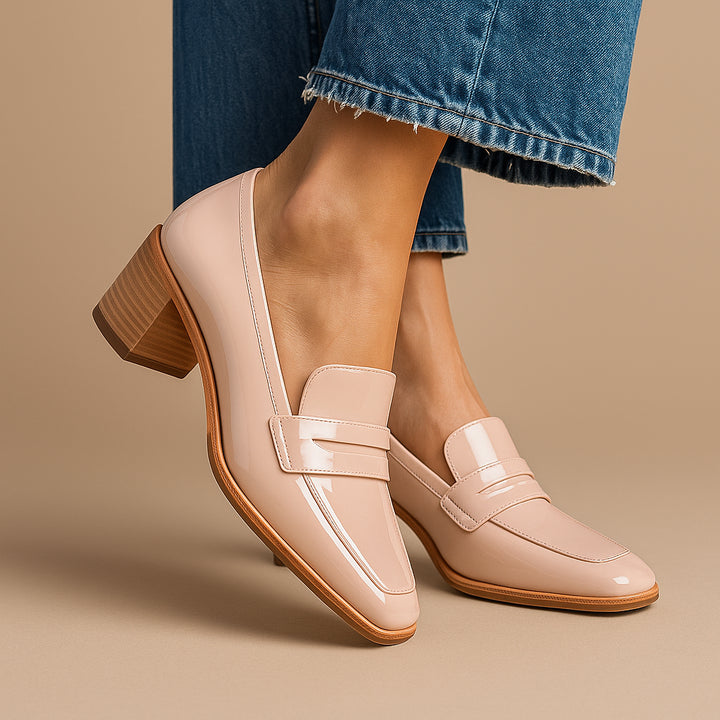 Jacintha | Women's Orthopedic Comfort Slip-On Block Heel Penny Loafers with Polished Finish — Pink