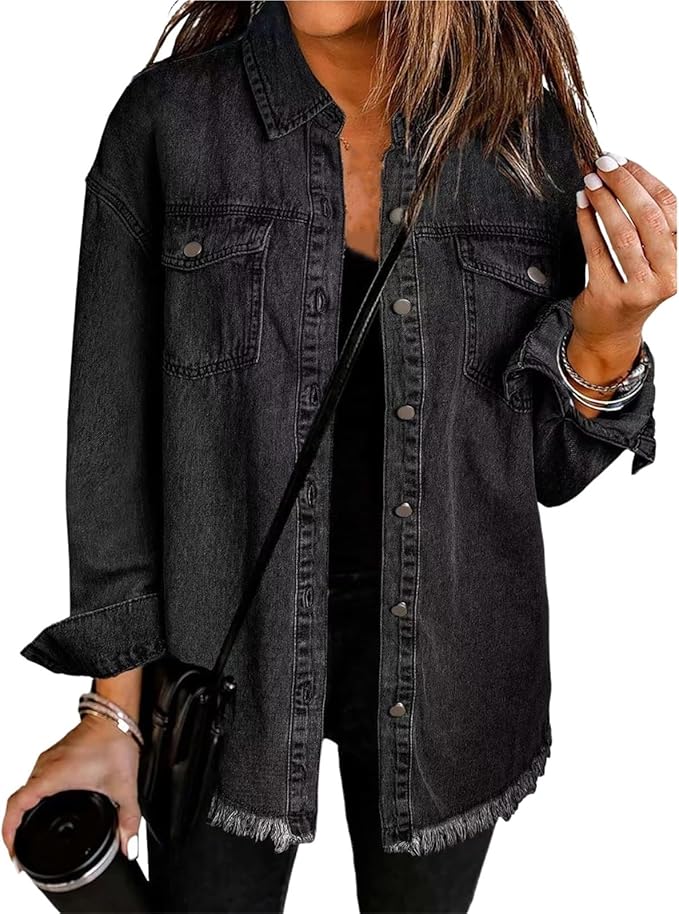 Josephina | Women's Lightweight Casual Classic Denim Jacket With Button Front — Black