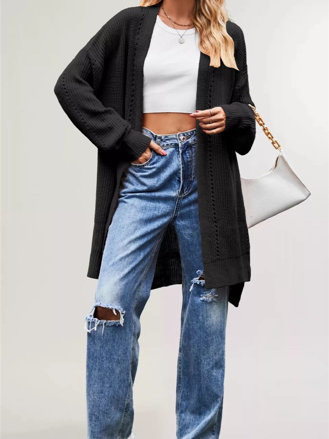 Jossanne | Front Openwork Knit Longline Cardigan with Pockets