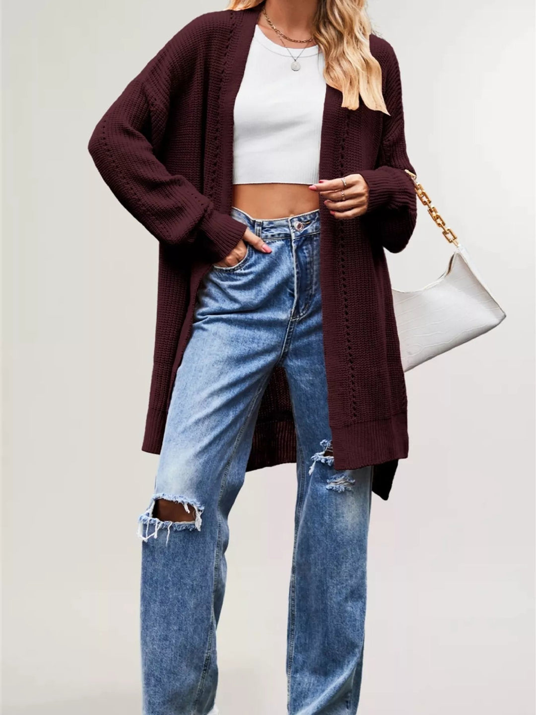 Jossanne | Front Openwork Knit Longline Cardigan with Pockets