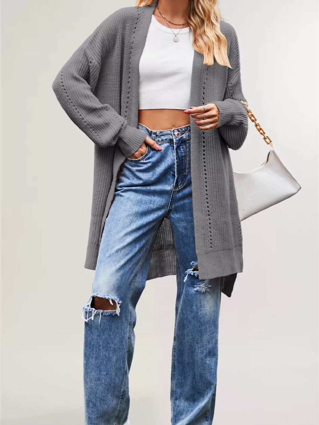Jossanne | Front Openwork Knit Longline Cardigan with Pockets