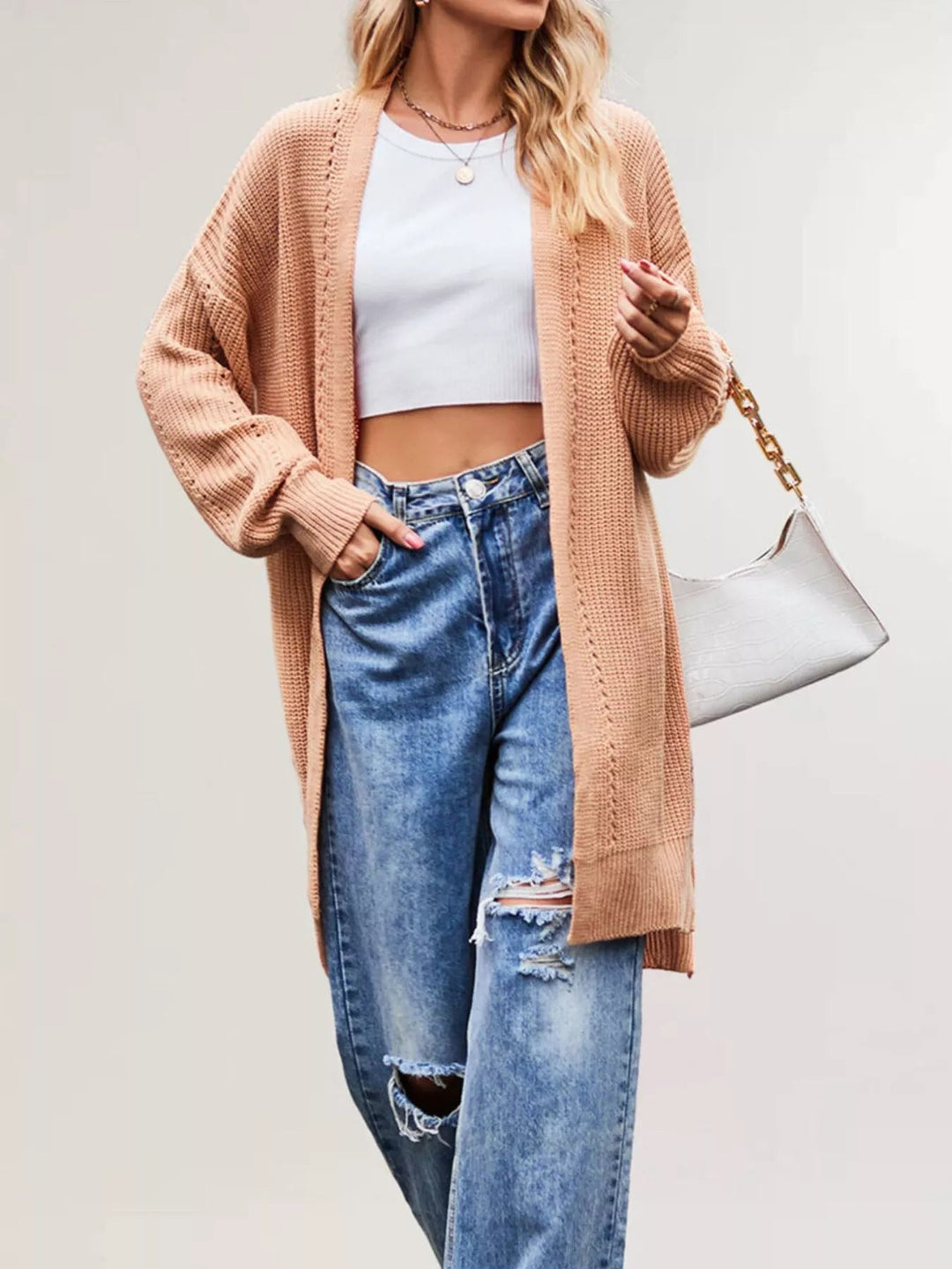 Jossanne | Front Openwork Knit Longline Cardigan with Pockets