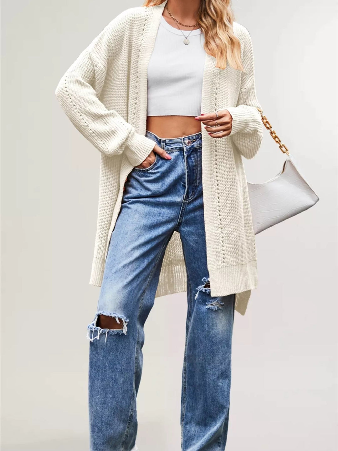 Jossanne | Front Openwork Knit Longline Cardigan with Pockets