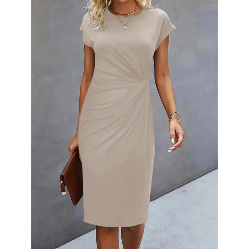 Junocine | Women's Denim High-Waist Short Sleeve Formal Midi Dress — Beige