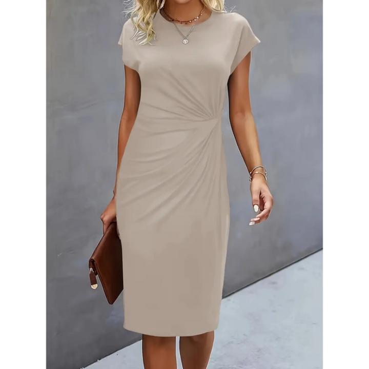 Junocine | Women's Denim High-Waist Short Sleeve Formal Midi Dress — Beige