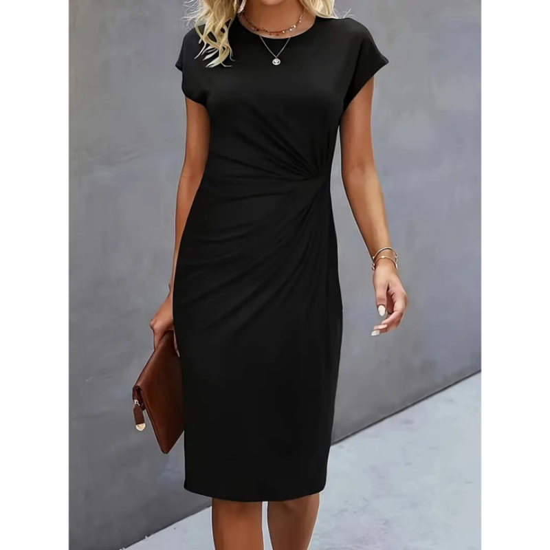 Junocine | Women's Denim High-Waist Short Sleeve Formal Midi Dress — Black