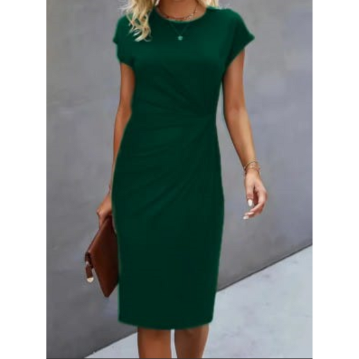 Junocine | Women's Denim High-Waist Short Sleeve Formal Midi Dress — Dark Green