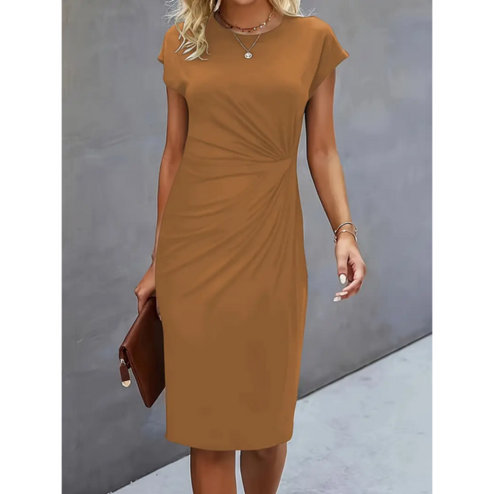 Junocine | Women's Denim High-Waist Short Sleeve Formal Midi Dress — Khaki