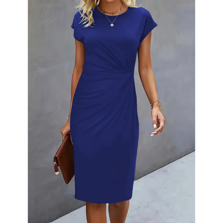 Junocine | Women's Denim High-Waist Short Sleeve Formal Midi Dress — Navy Blue