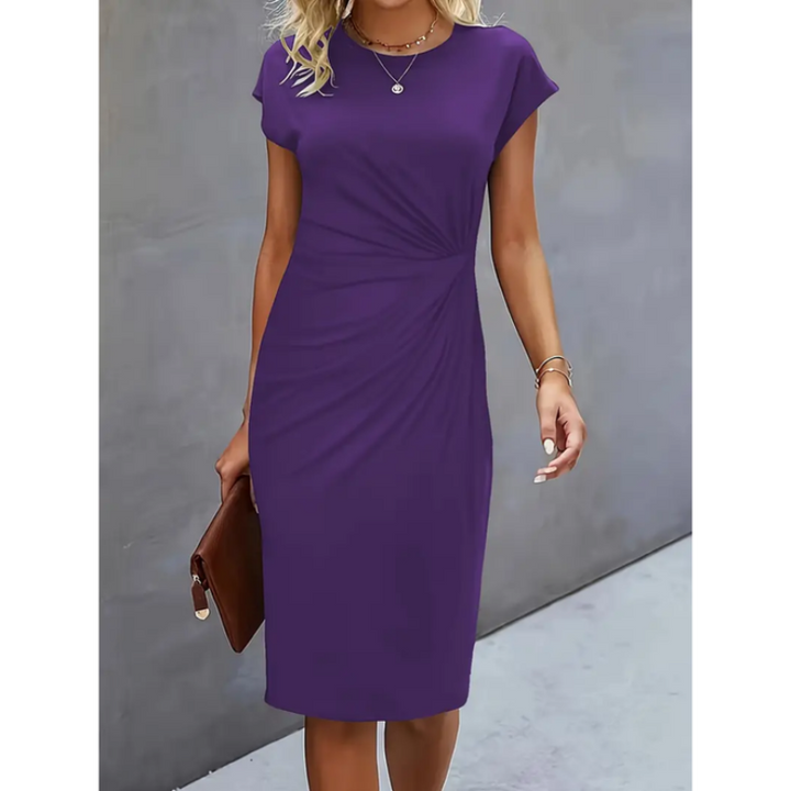 Junocine | Women's Denim High-Waist Short Sleeve Formal Midi Dress — Purple