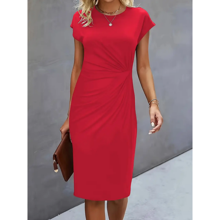Junocine | Women's Denim High-Waist Short Sleeve Formal Midi Dress — Red