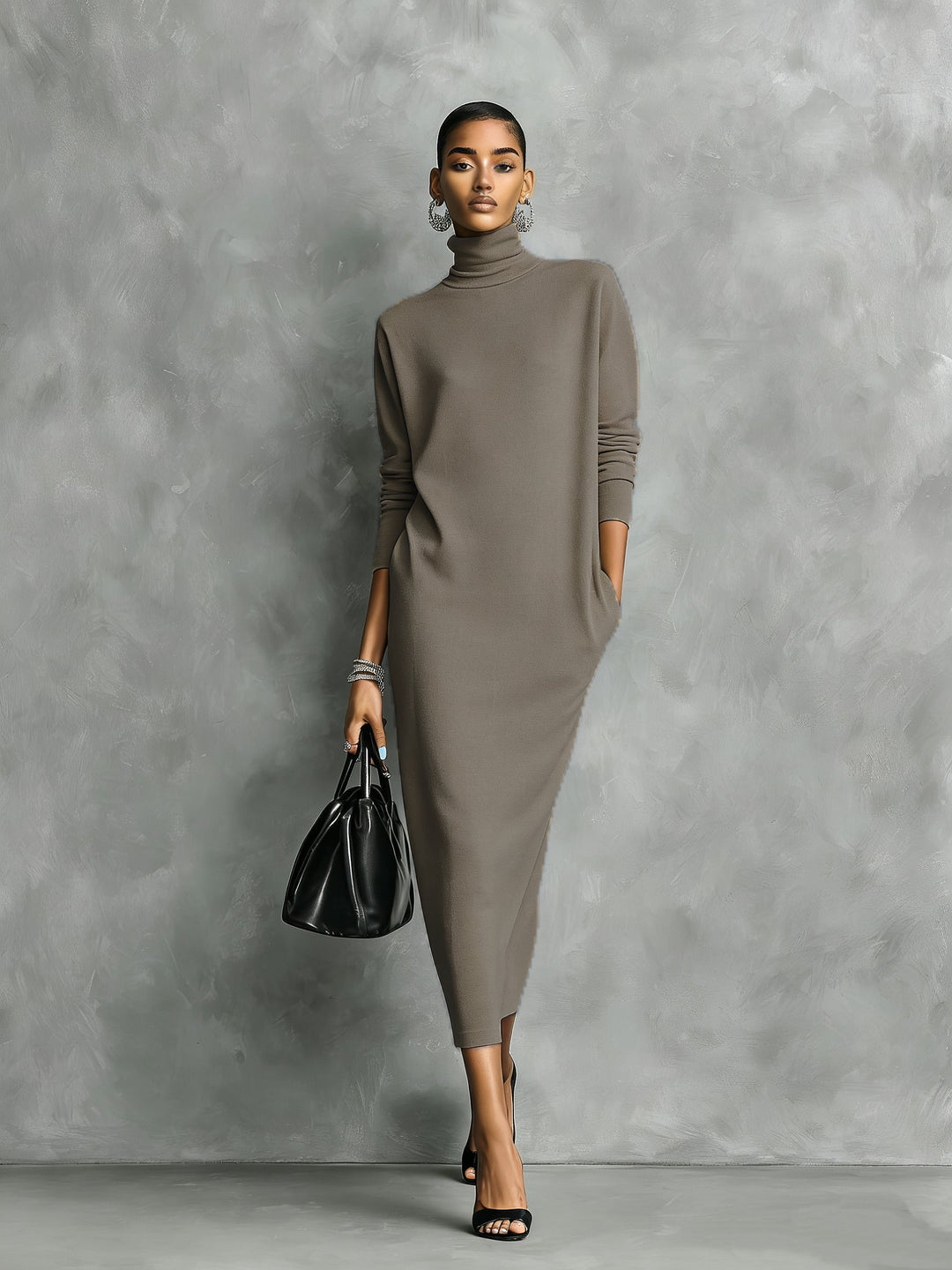 Tavimiine | Women's Elegant Turtleneck Midi Sweater Dress — Khaki-Brown