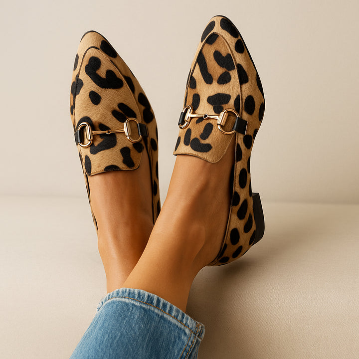 Klementyna | Women's Orthopedic Comfort Slip-On Leopard Print Loafers with Horsebit Detail — Brown