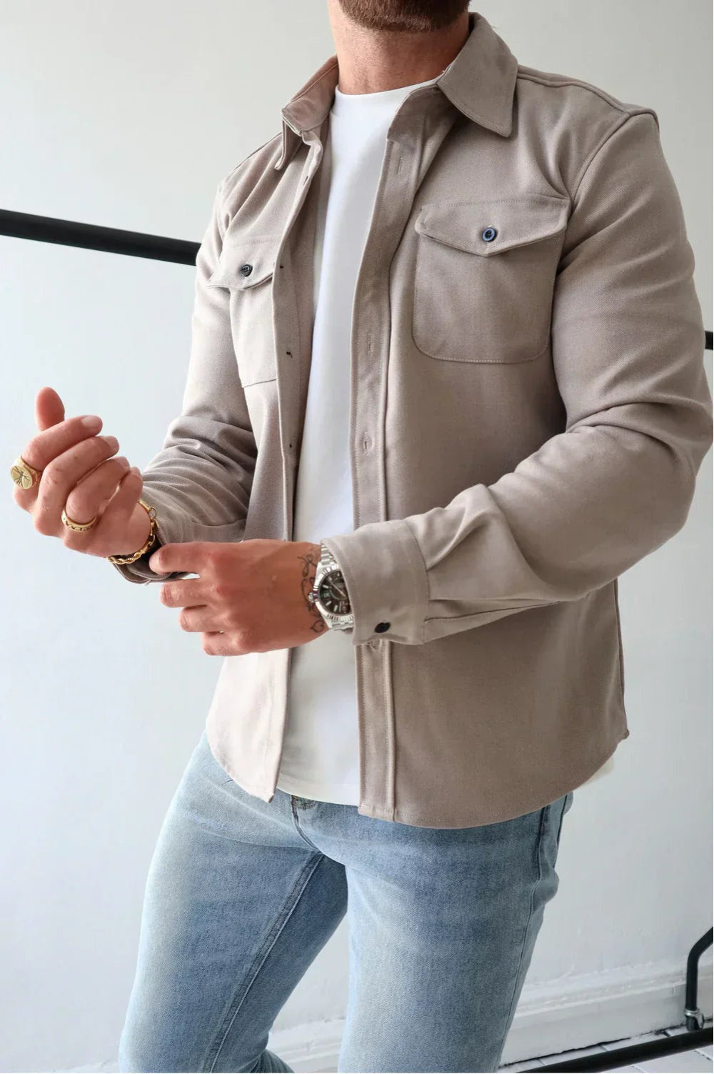 Kristopher | Men's Lightweight Casual Shirt Jacket for Men - Button-Up Overshirt — Stone