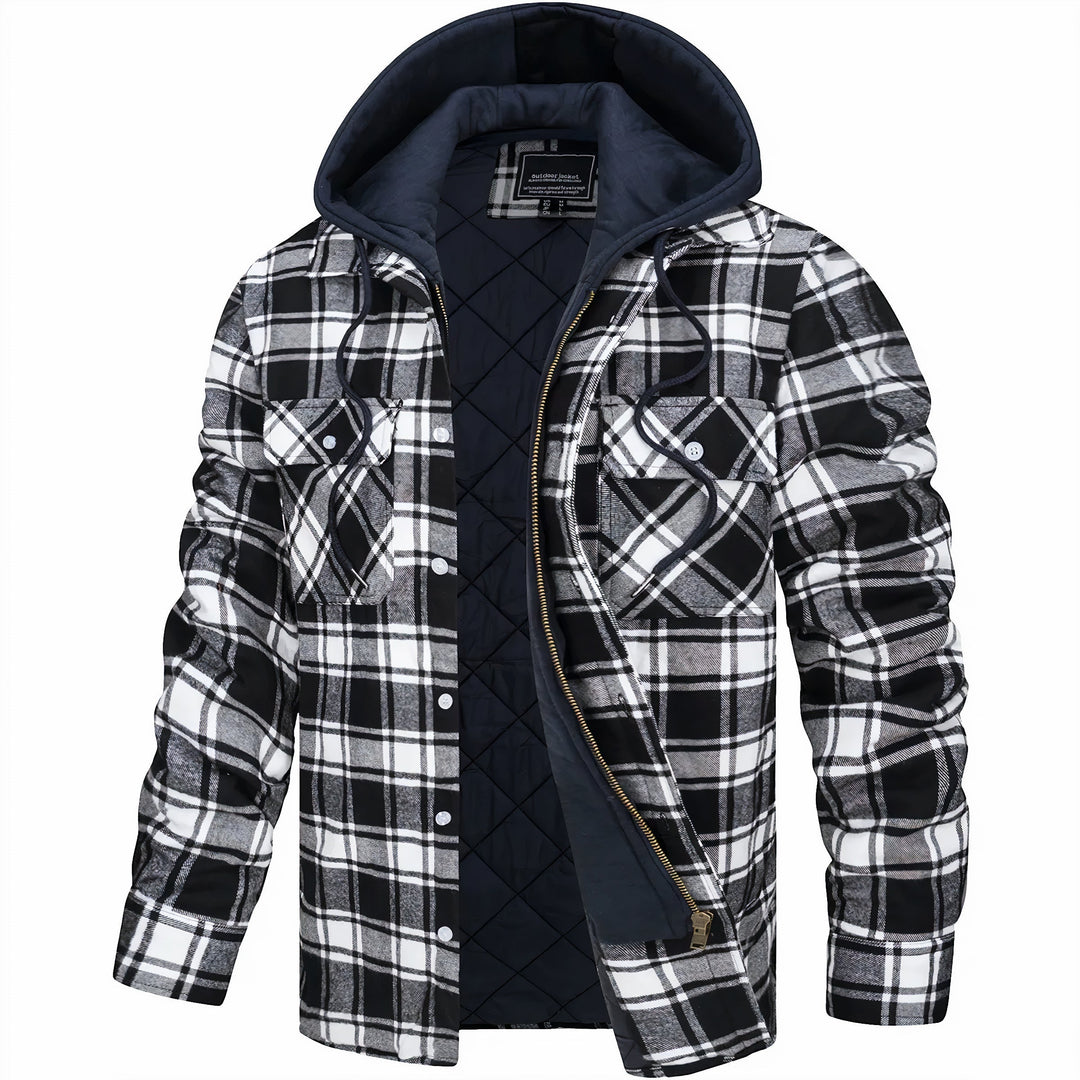 Leopold | Men's Lightweight Casual Plaid Hooded Bomber Jacket with Quilted Lining — Black