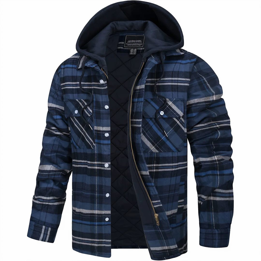 Leopold | Men's Lightweight Casual Plaid Hooded Bomber Jacket with Quilted Lining — Dark Blue